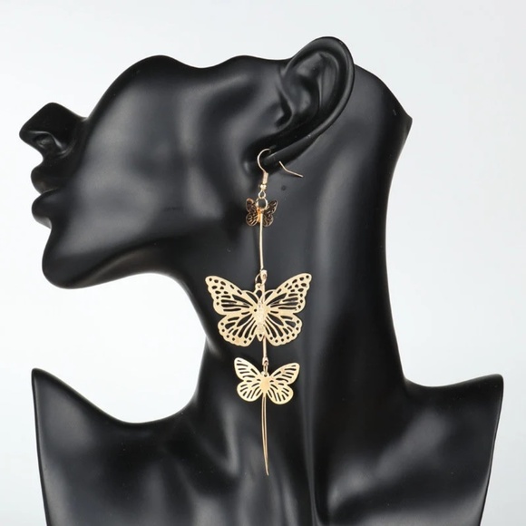 Dazzling Double Butterfly Dangling Earrings, Gold/Silver Butterfly Earrings - Picture 1 of 6